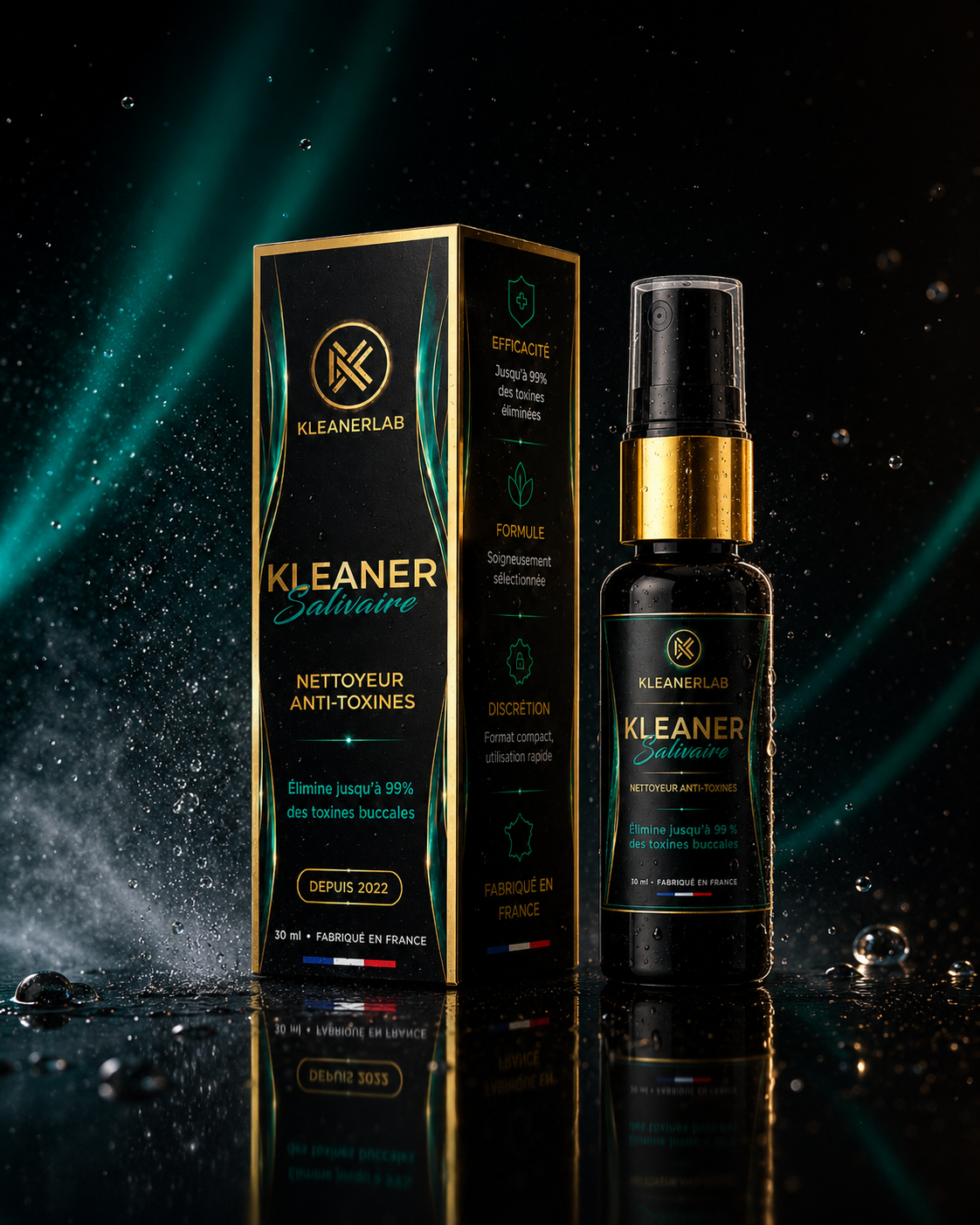 Spray Kleaner Anti-THC KleanerLab, lot de 1000, bouteille de nettoyage pour éliminer le THC, image d’un club de fumée.