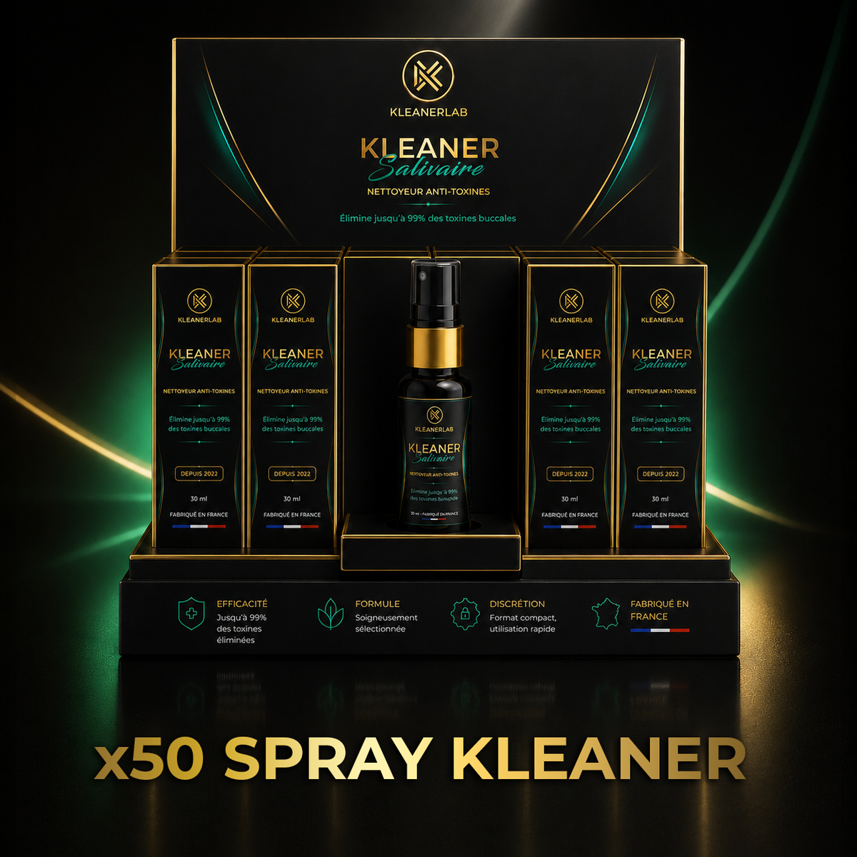 Spray Kleaner Anti-THC de KleanerLab en lot de 50, flacon avec étiquette blanche et spray, utilisé pour décontamination.