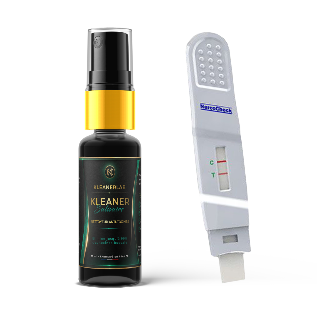 Pack découverte Kleanerlab Anti-THC et test salivaire, comprenant flacons et test de salive pour dépistage du THC.